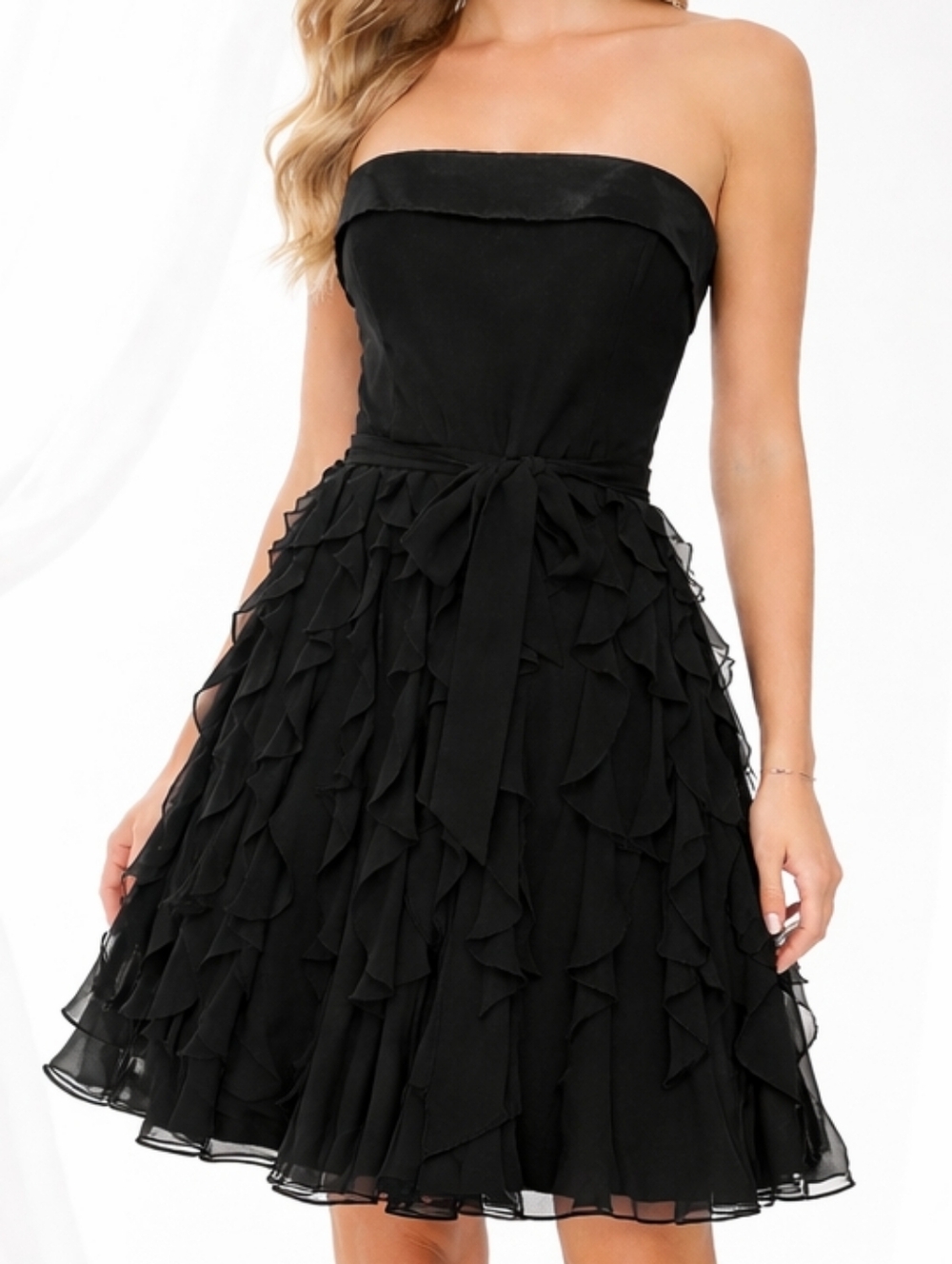 WHBM Strapless Ruffle Tiered "Tuxedo" Mini Dress Black Size 10